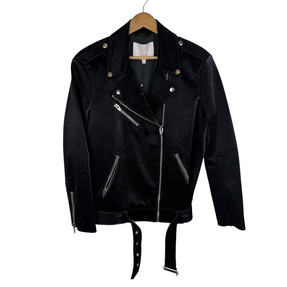 NWT Cinq‎ a Sept Brice Faux Leather Moto Jacket Small Black Belted Minimalist - Picture 2 of 16